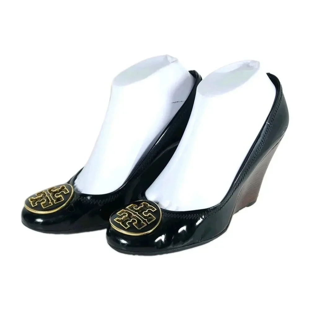 Tory Burch Women’s Caroline US 7? Black Patent Leather Stacked Wedge Pumps Shoes